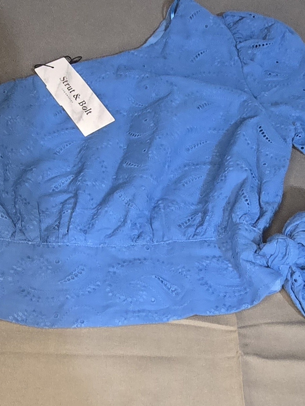 Blue Eyelet One Shoulder Short Sleeve Top, Crop With Side Ribbon